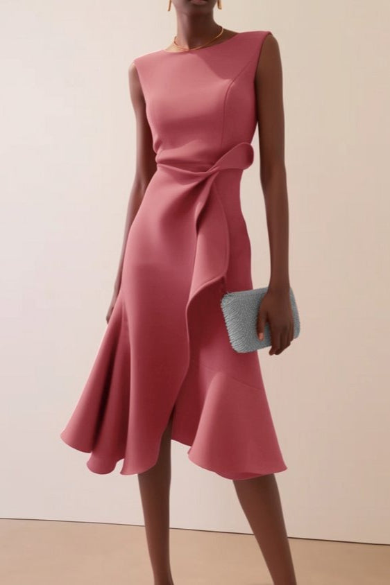 Sleeveless Round Neck Side Knot Ruffle Cascade Midi Cocktail Dress
