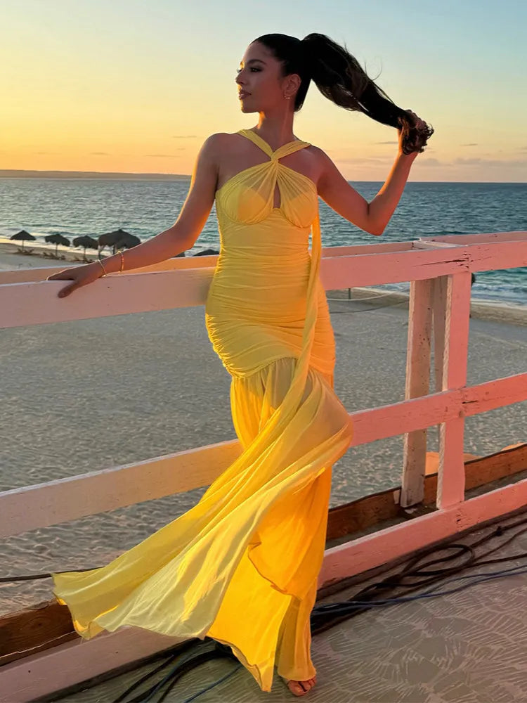 Sheer Mesh Asymmetric Halter Neck Ruched Bodice Mermaid Maxi Dress 10