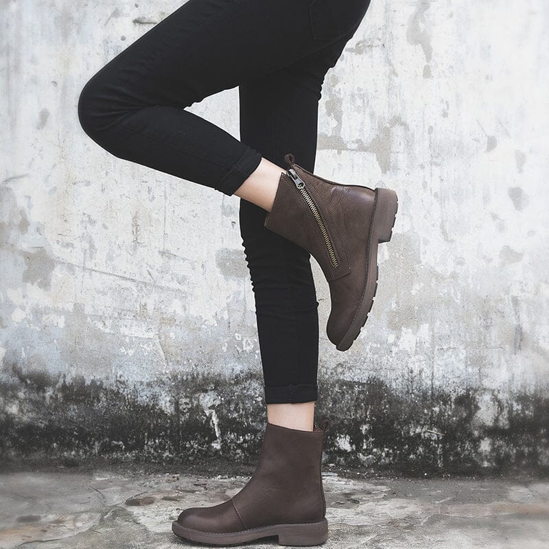 Full Grain Leather Zip Boots Retro Women Chunky Ankle Boots Black/Coffee