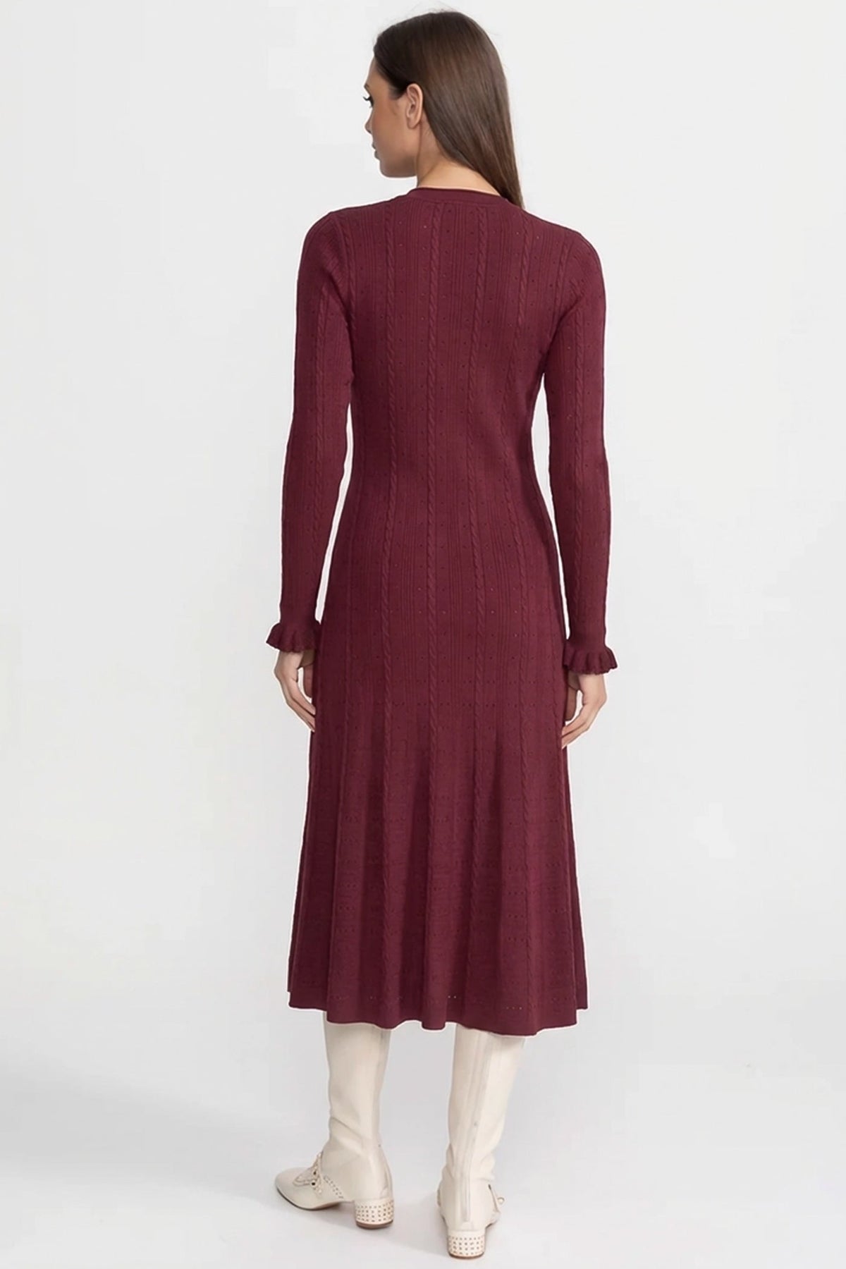 Crew Neck Long Sleeve Button Front Cable Knit Pointelle Midi Dress 3