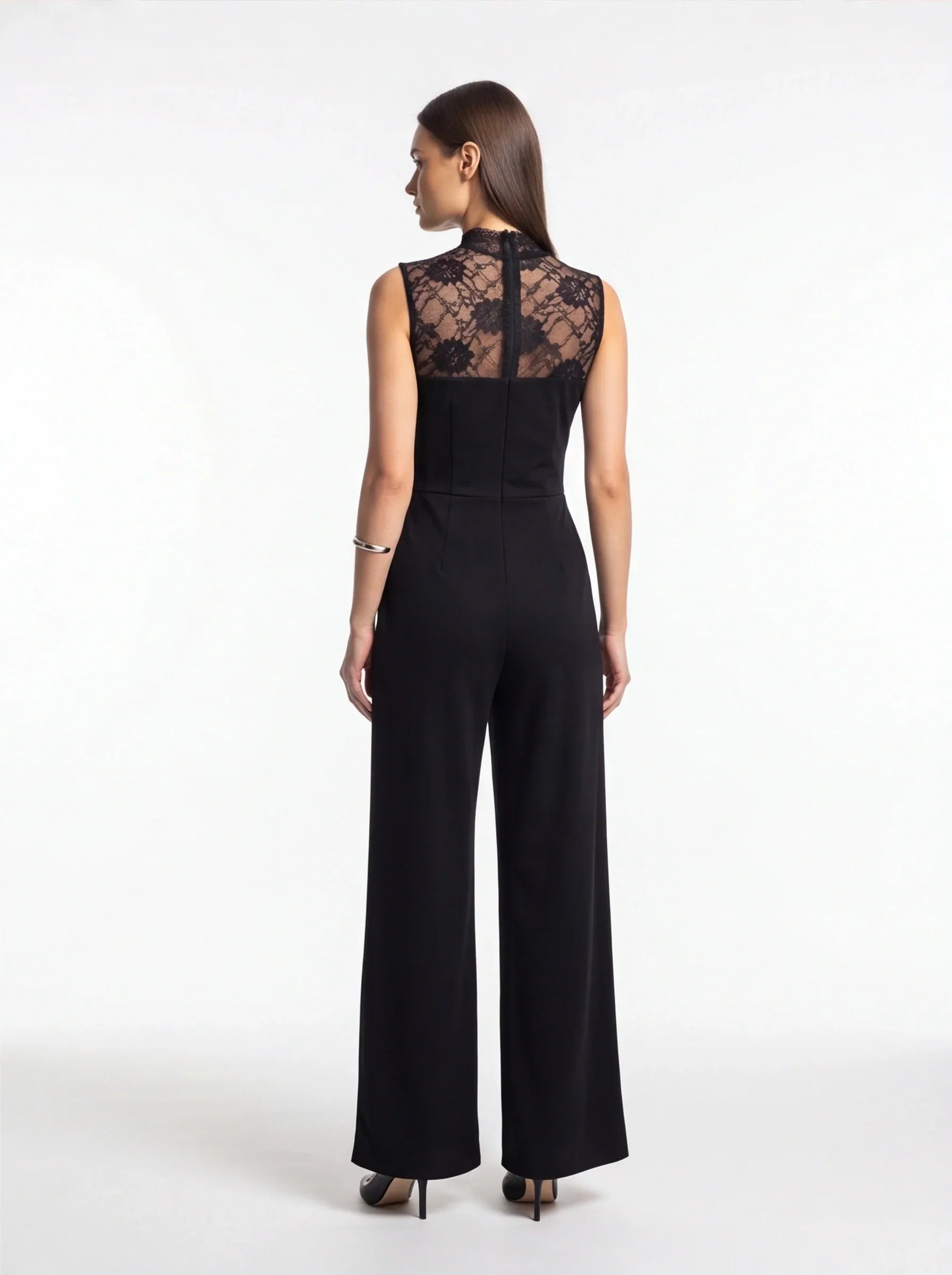 Floral Lace Yoke High Neck Sleeveless Wide Leg Jumpsuit