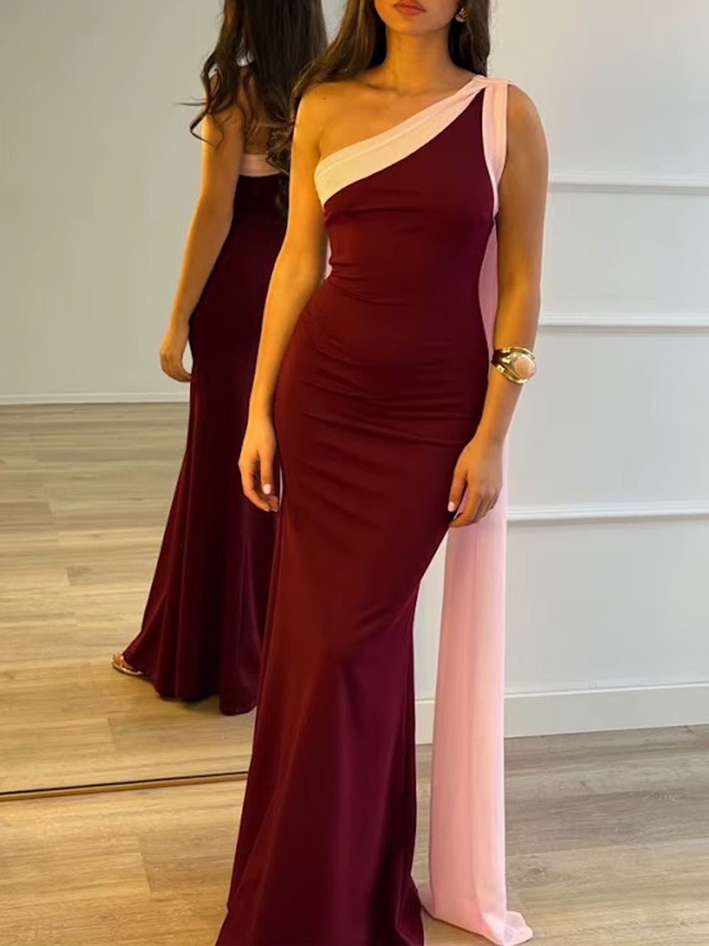 One Shoulder Sleeveless Ruched Draped Mermaid Maxi Gown