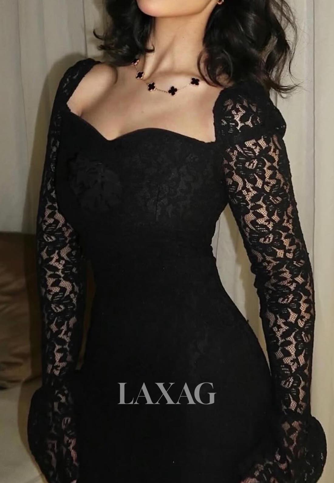 Sweetheart Long-Sleeves Mermaid Evening Dress Allover Lace Pleated Sheer Formal Gowns