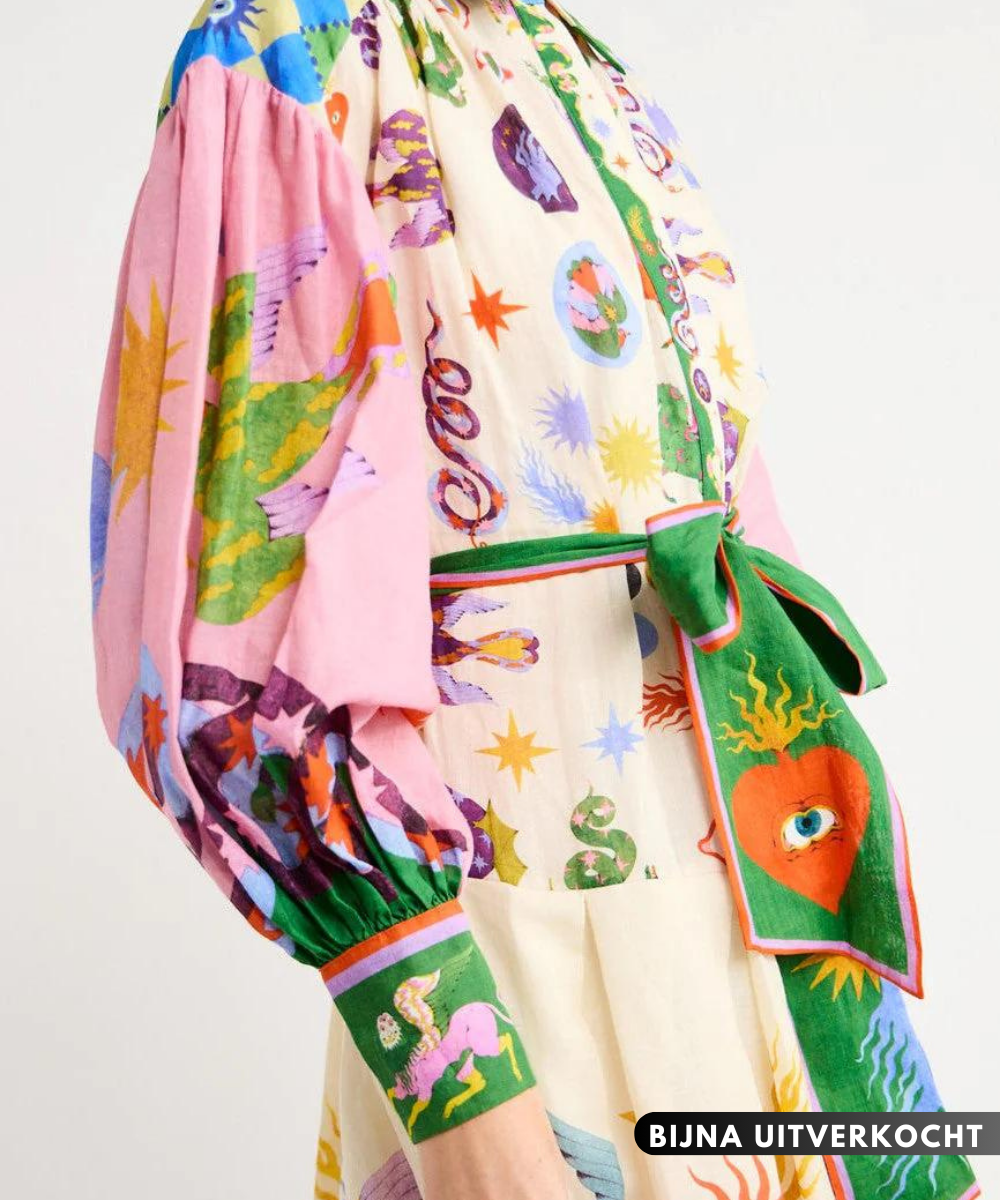 Graphic Print Balloon Sleeve Collared Button Front Belted Midi Dress