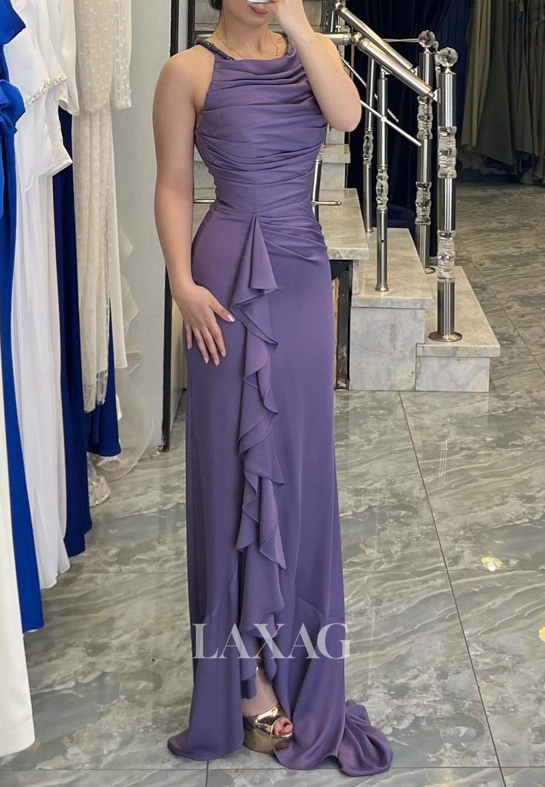 Halter-Neck Sleeveless Pleated Chiffon Formal Gowns Off-Shoulder Tiered Mermaid Evening Dress