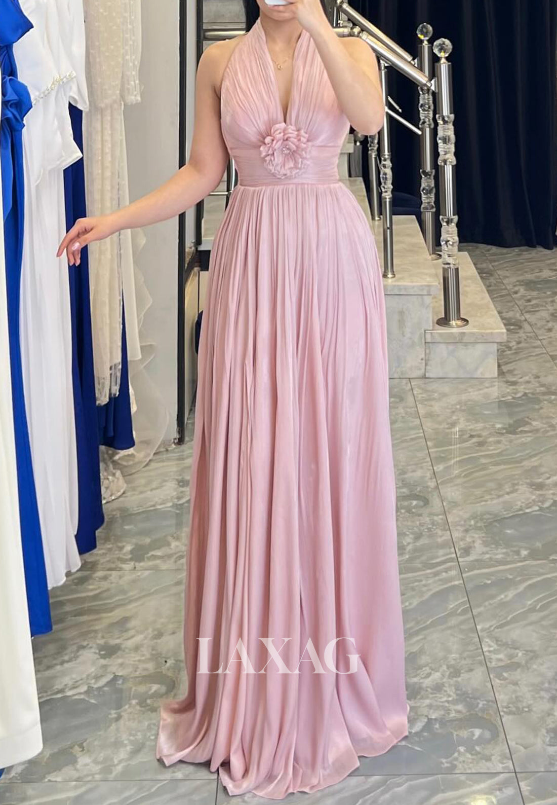 Halter V-Neck Sleeveless A-Line Evening Dress Floral Embellished Pleated Chiffon Formal Gowns
