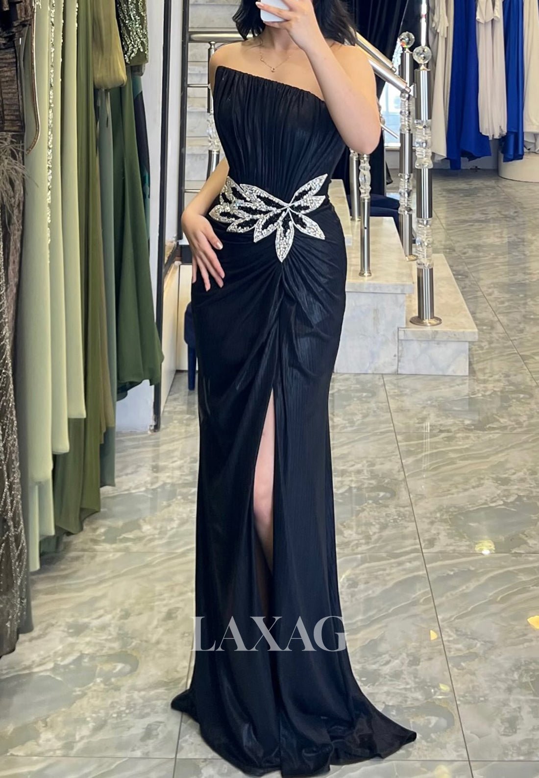 Sleeveless Pleated Satin High Slit Formal Gowns Asymmetrical-Neck Beaded Meramid Evening Dress