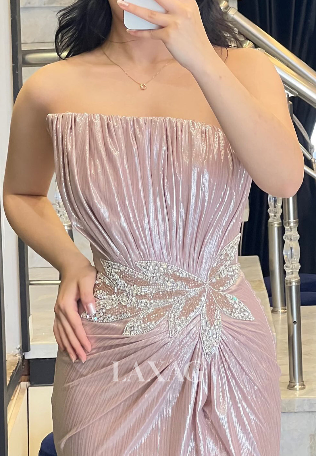 Sleeveless Pleated Satin High Slit Formal Gowns Asymmetrical-Neck Beaded Meramid Evening Dress