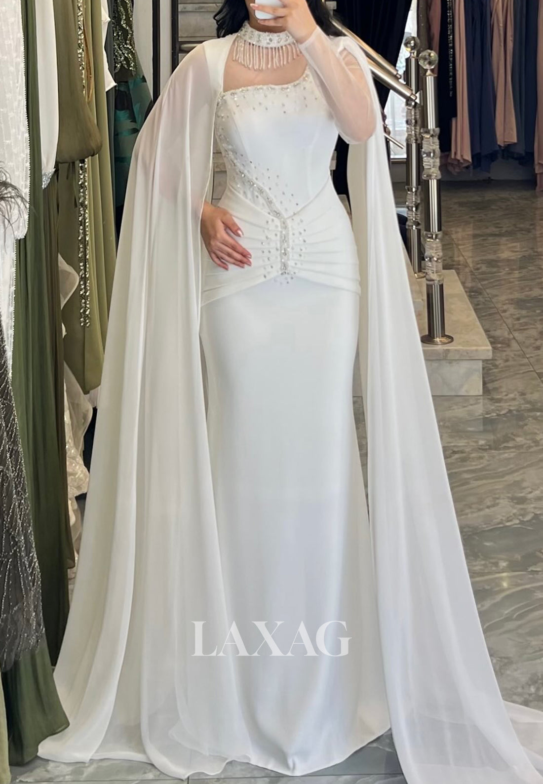 Asymmetrical-Neck Long-Sleeveless Evening Dress Beaded Pleated Chiffon Formal Gowns with Train
