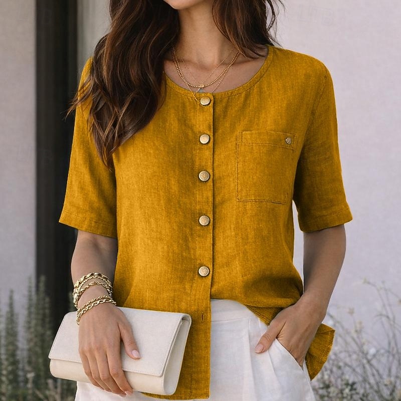 Round Neck Short Sleeve Button Front Blouse