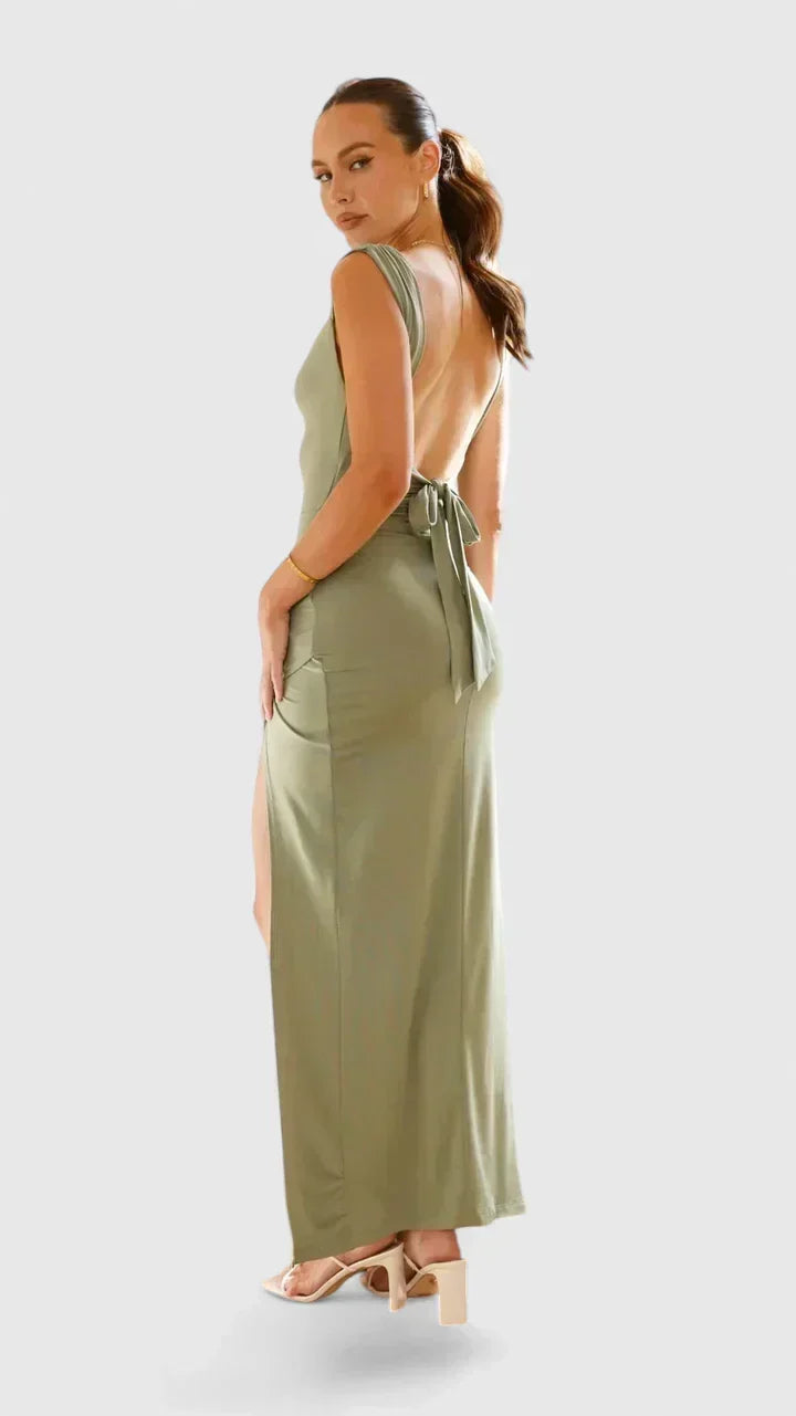 Cowl Neck Ruched High Split Bodycon Maxi Dress