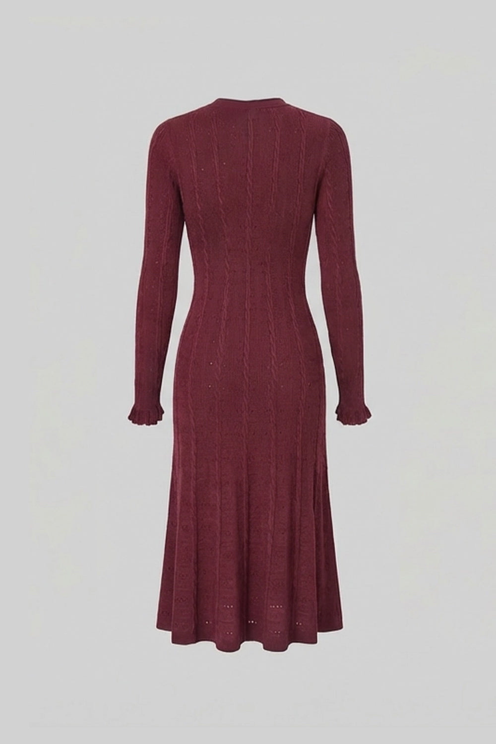 Crew Neck Long Sleeve Button Front Cable Knit Pointelle Midi Dress 5