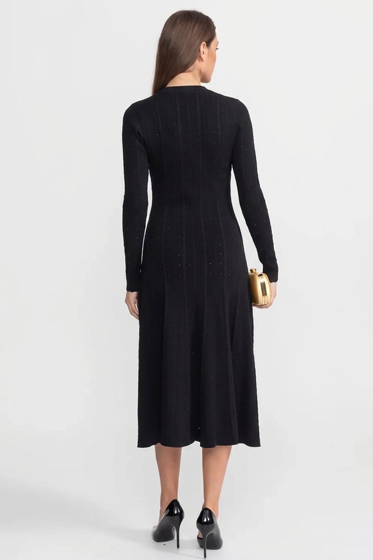 Crew Neck Long Sleeve Button Front Cable Knit Pointelle Midi Dress 5