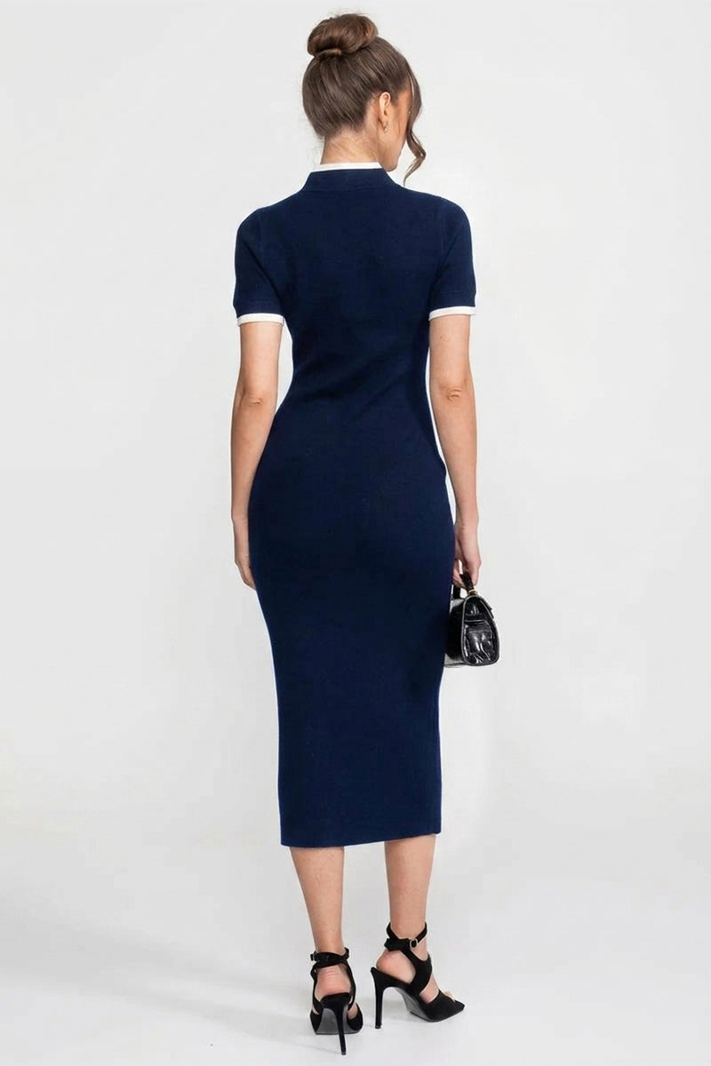 Short Sleeve Button Front Contrast Trim Knit Bodycon Midi Dress 5