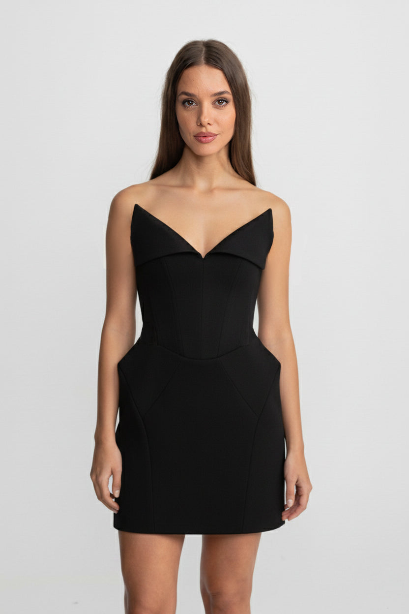 Strapless Folded V-Neckline Corset Bodice Structured Mini Dress