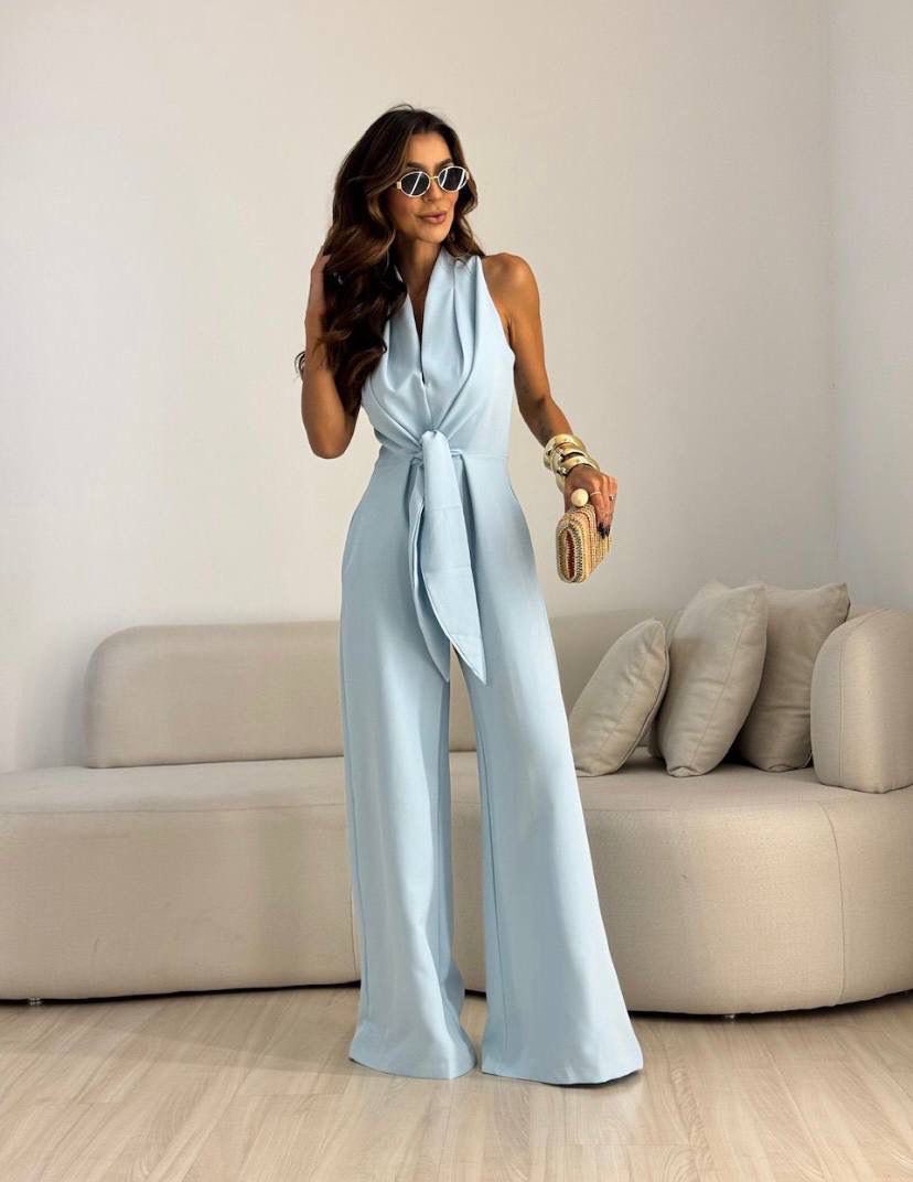 Halter Neck Tie Front Wide Leg Jumpsuit