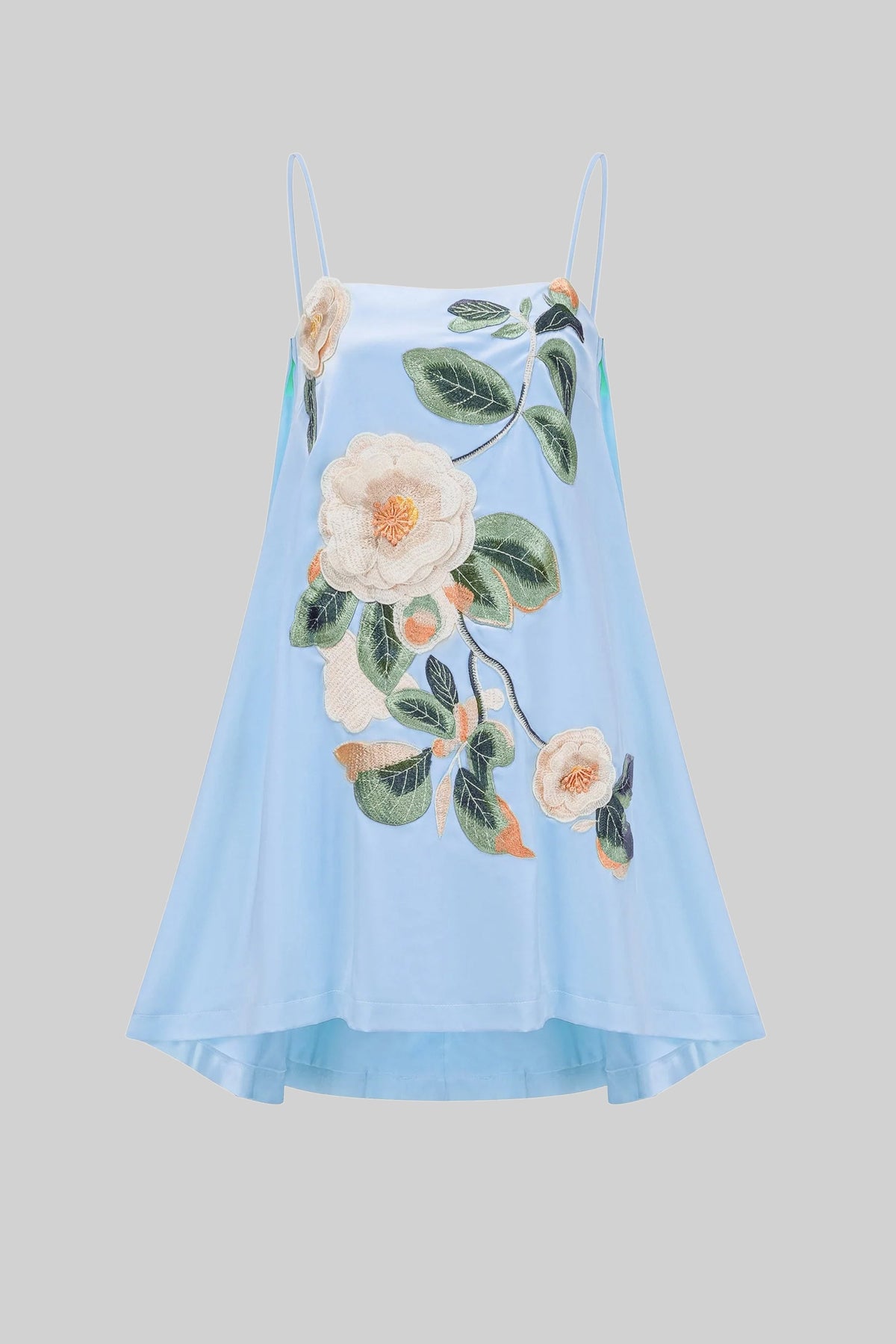 Satin Floral Embroidered Square Neck Spaghetti Strap A-Line Mini Dress 3