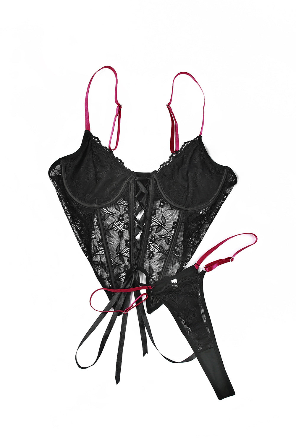 Black 2Pcs Lace-Up Bra And Thong Lingerie Set