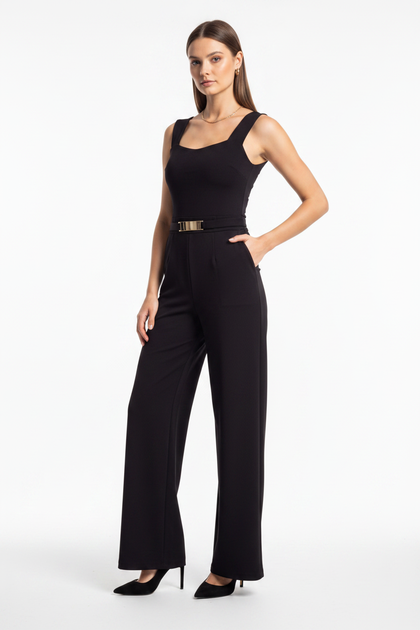 Women's Black Wide Leg Sleeveless Square Neck Jumpsuit with Pockets & Belt