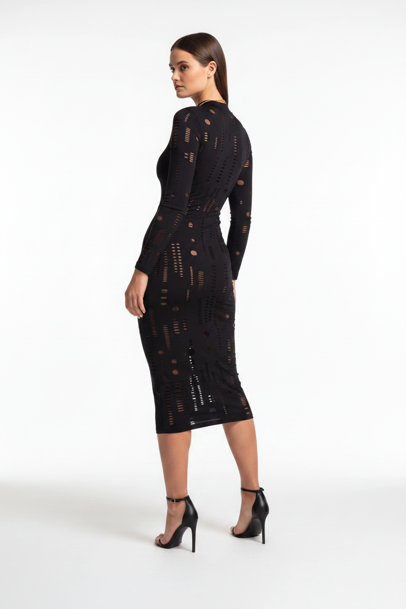 Mesh Sheer Off Shoulder Ruffle Midi Dress