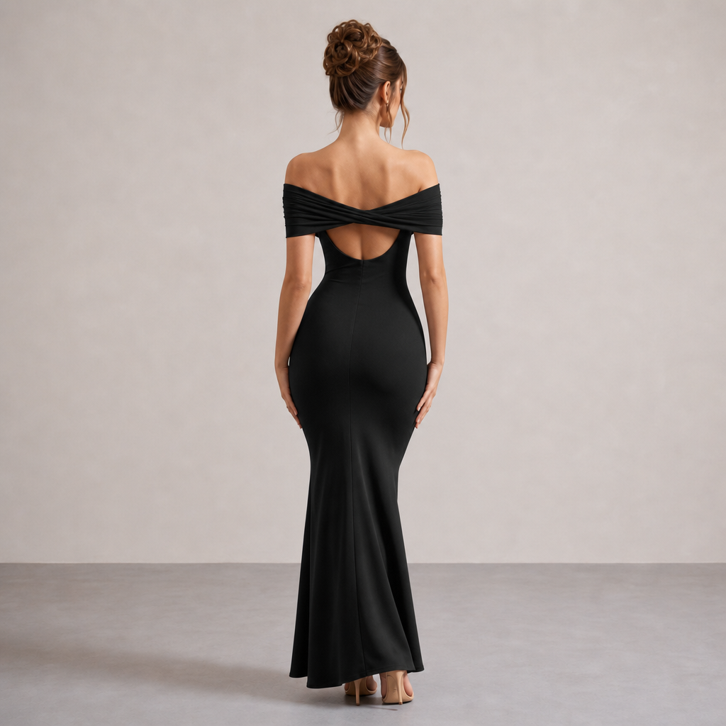 Off Shoulder Foldover Ruched Fishtail Maxi Dress 3