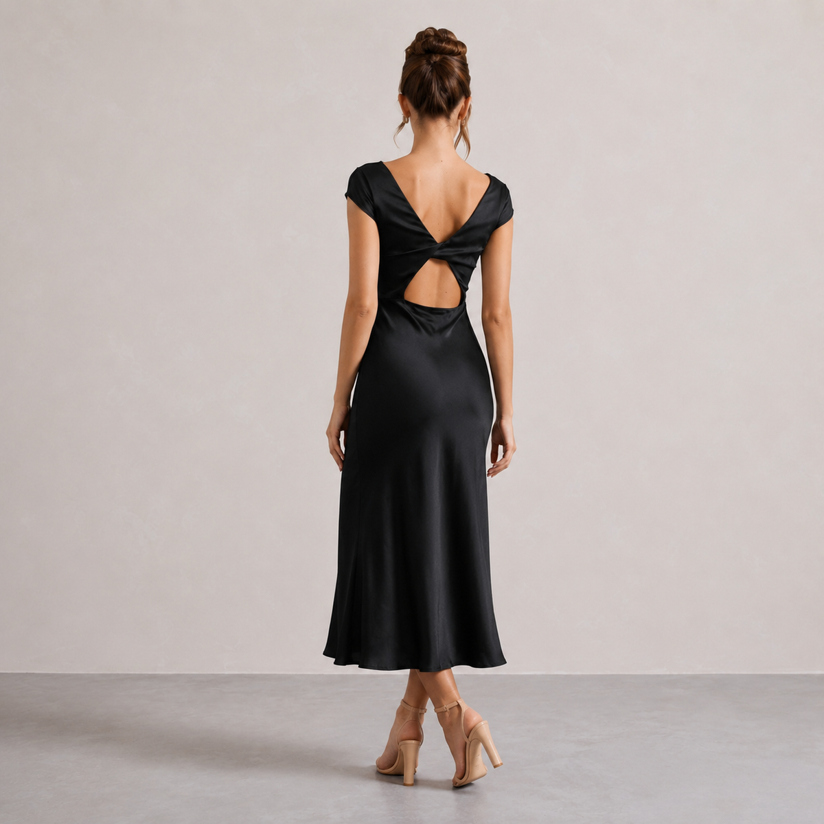 Satin Cowl Neck Cap Sleeve High Split Midi Dress 3
