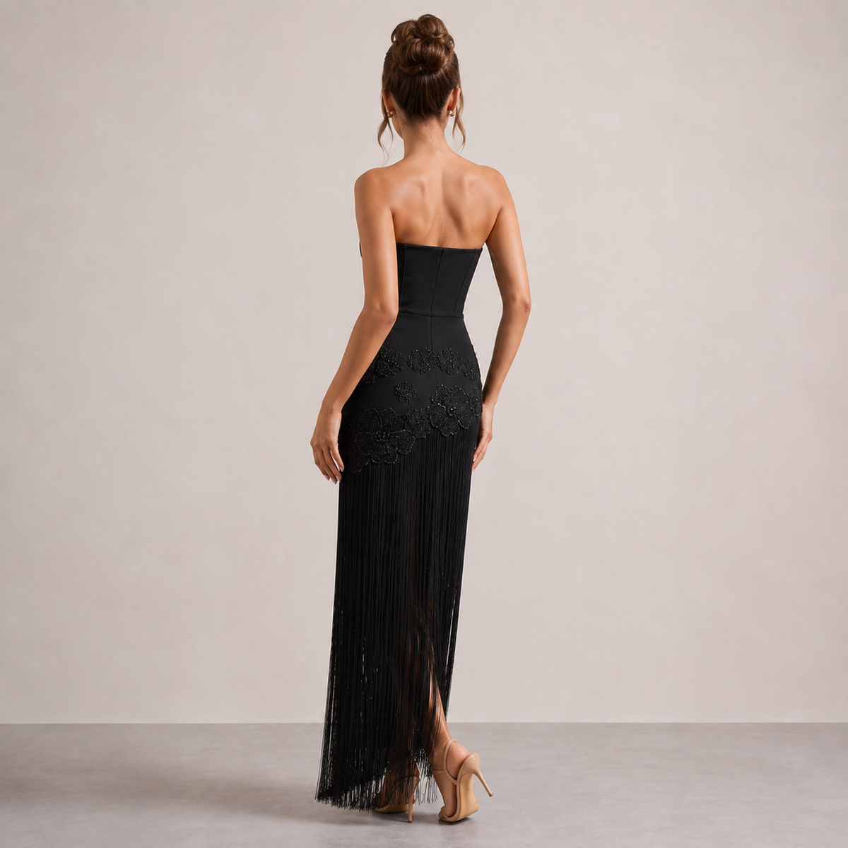 Strapless Floral Applique Fringe Split Maxi Gown 3