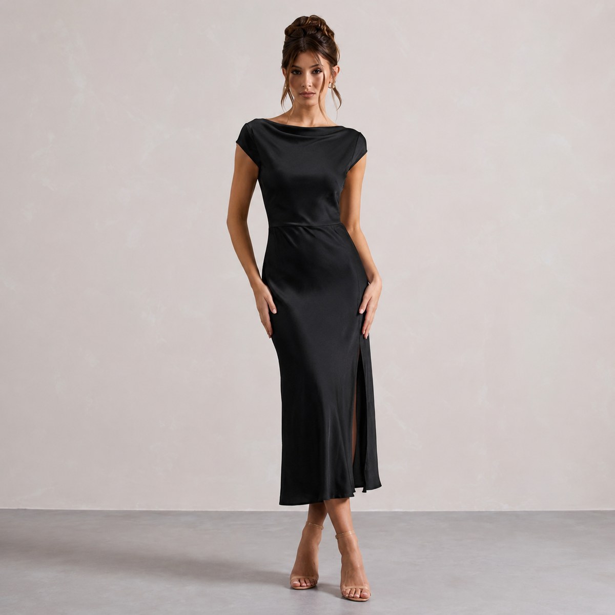 Satin Cowl Neck Cap Sleeve High Split Midi Dress