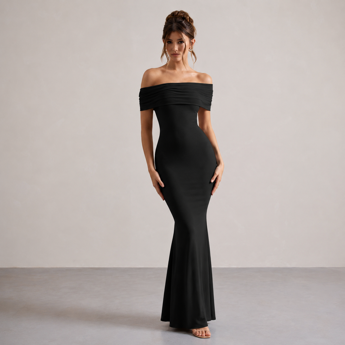 Off Shoulder Foldover Ruched Fishtail Maxi Dress