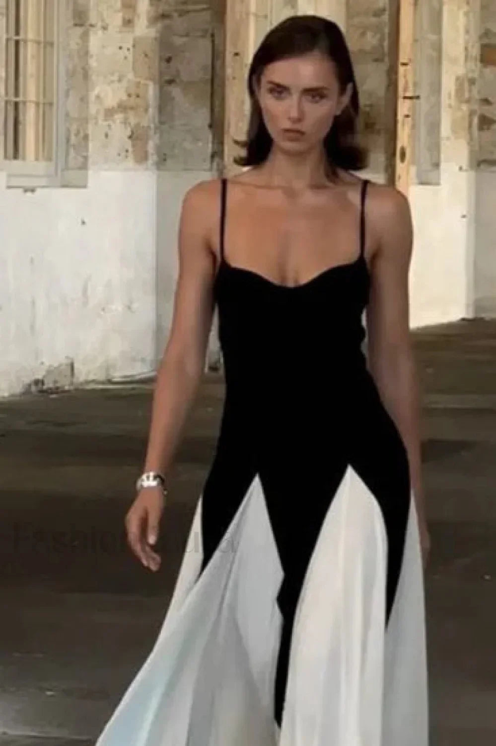 Black and White Contrasting Color Suspender Spice Girl Maxi Dress