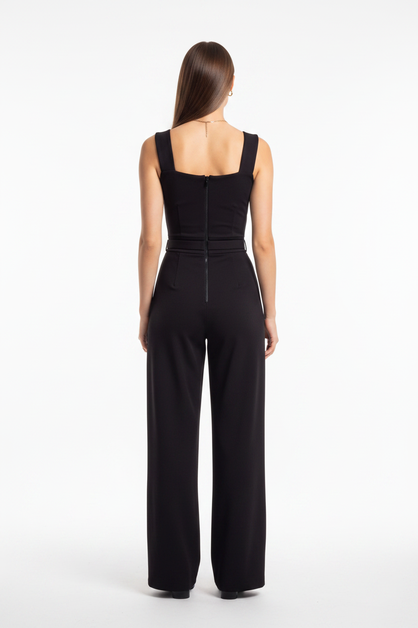 Women's Black Wide Leg Sleeveless Square Neck Jumpsuit with Pockets & Belt