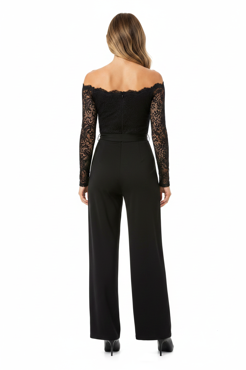 Elegant Black Slim Fit Jumpsuit with Belted Waist and Pockets