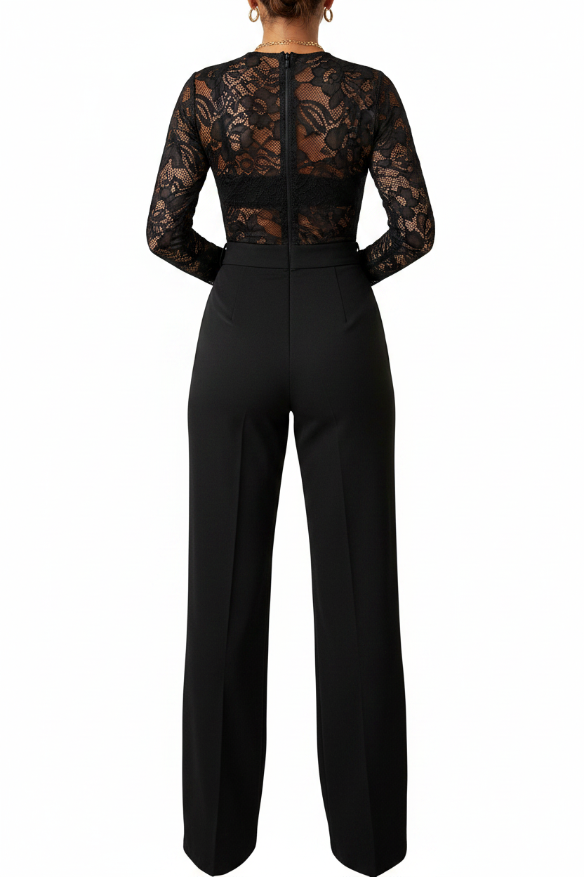 Floral Lace Deep V-Neck Long Sleeve Belted Wide Leg Jumpsuit