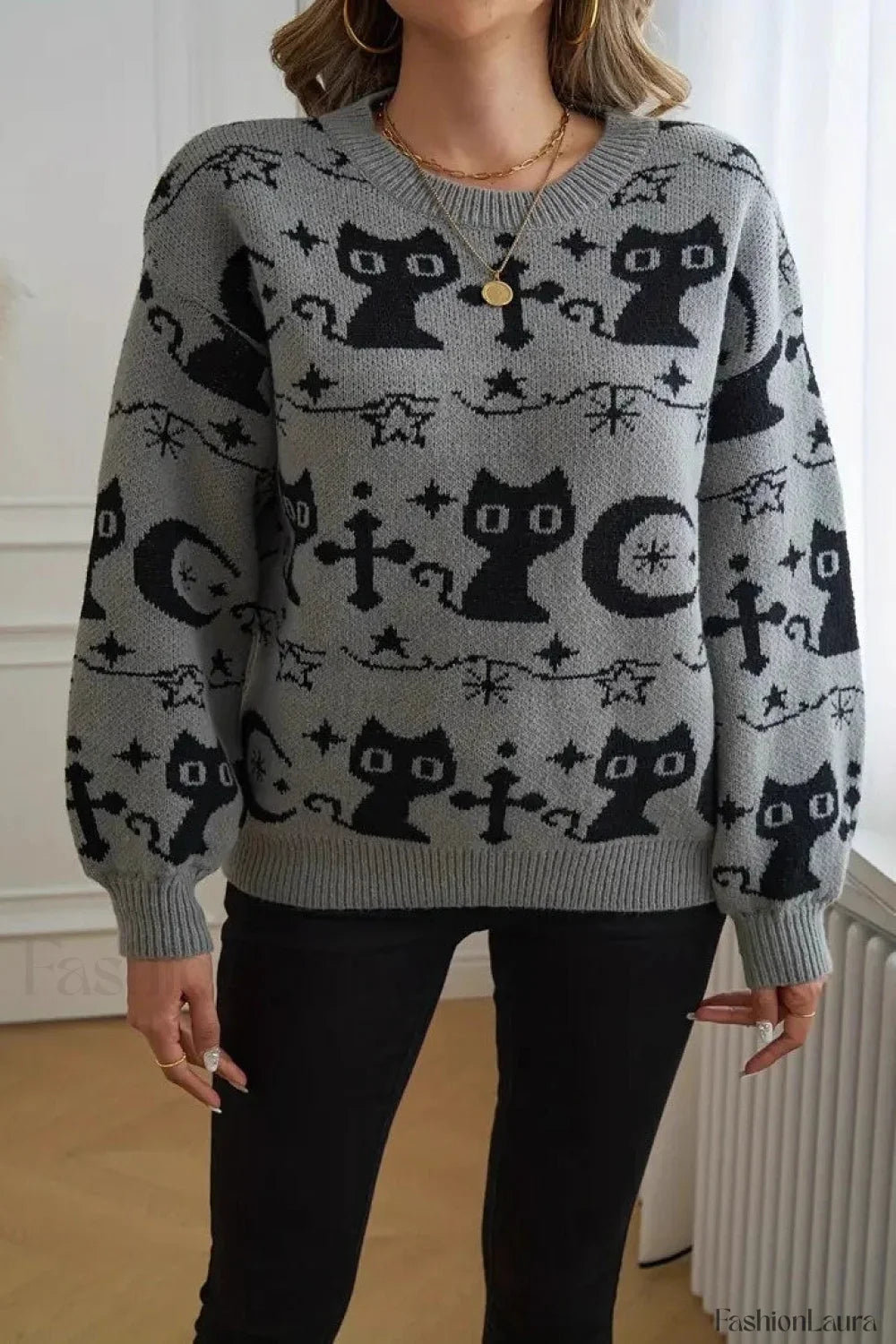 Black Cat Moon Jacquard Knit Sweater