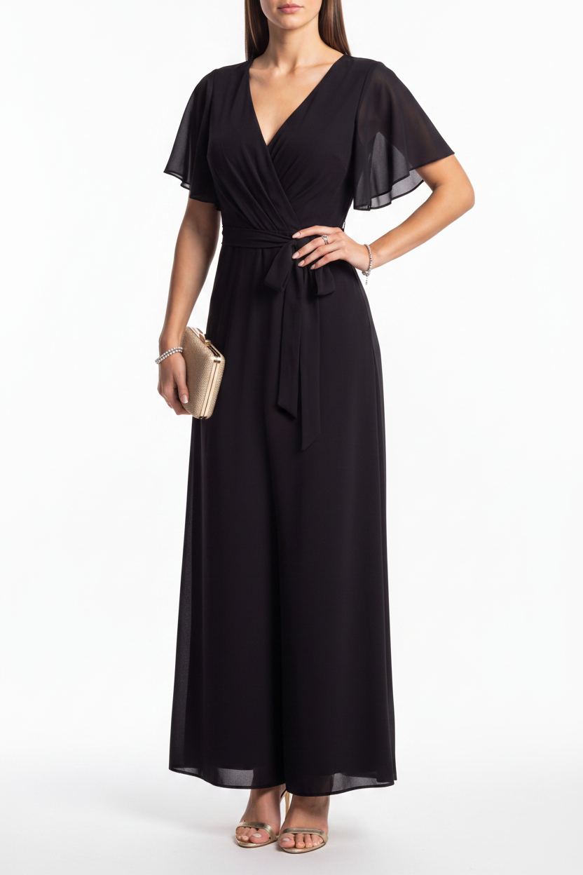 Elegant Wide Leg Jumpsuit Black Wrap V-Neck with Flutter Sleeves Tie Waist
