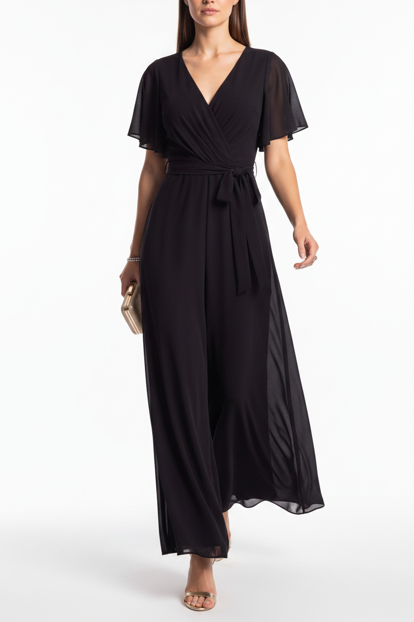 Elegant Wide Leg Jumpsuit Black Wrap V-Neck with Flutter Sleeves Tie Waist