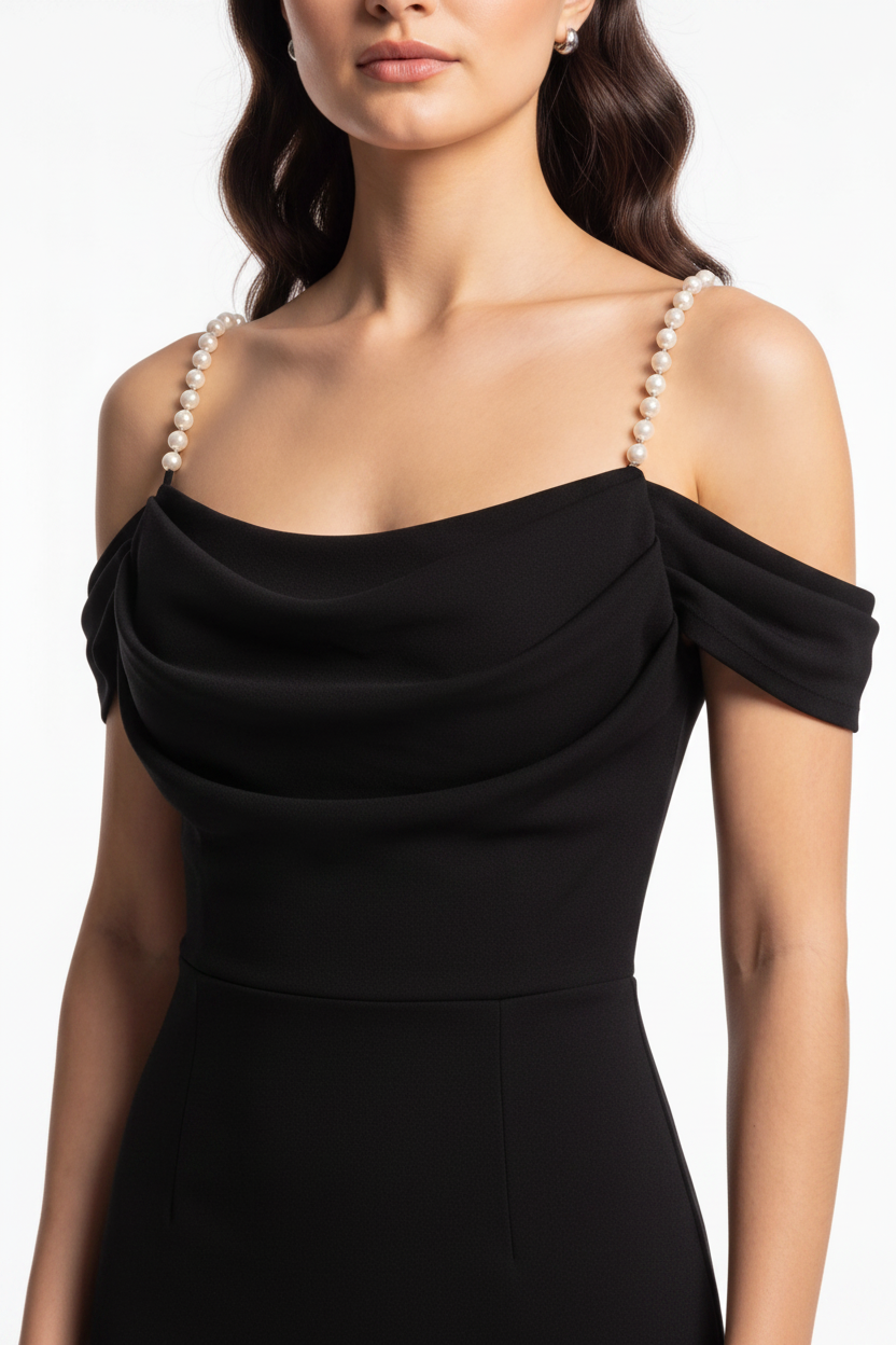 Cowl Neck Off Shoulder Pearl Strap High Split Bodycon Maxi Dress