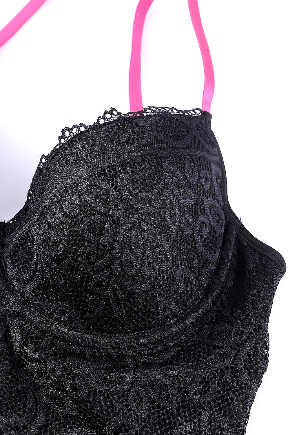 Black Color Block Lace Lingerie Set With Garter Belt