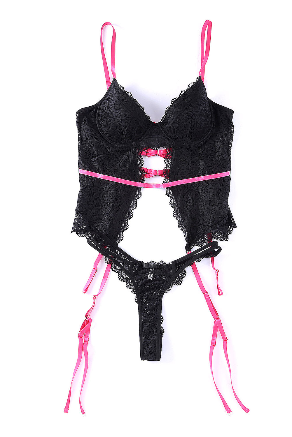 Black Color Block Lace Lingerie Set With Garter Belt
