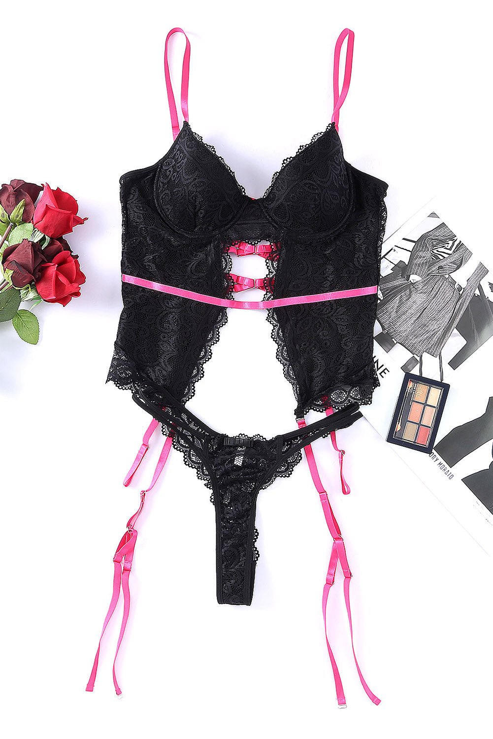 Black Color Block Lace Lingerie Set With Garter Belt
