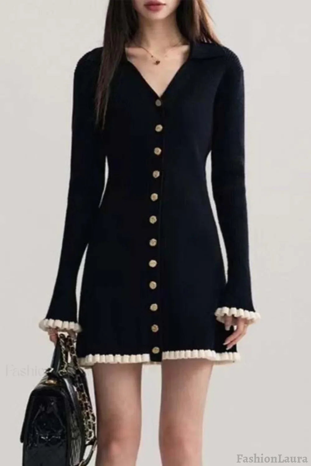 Black Contrast V-Neck Sweater Dress