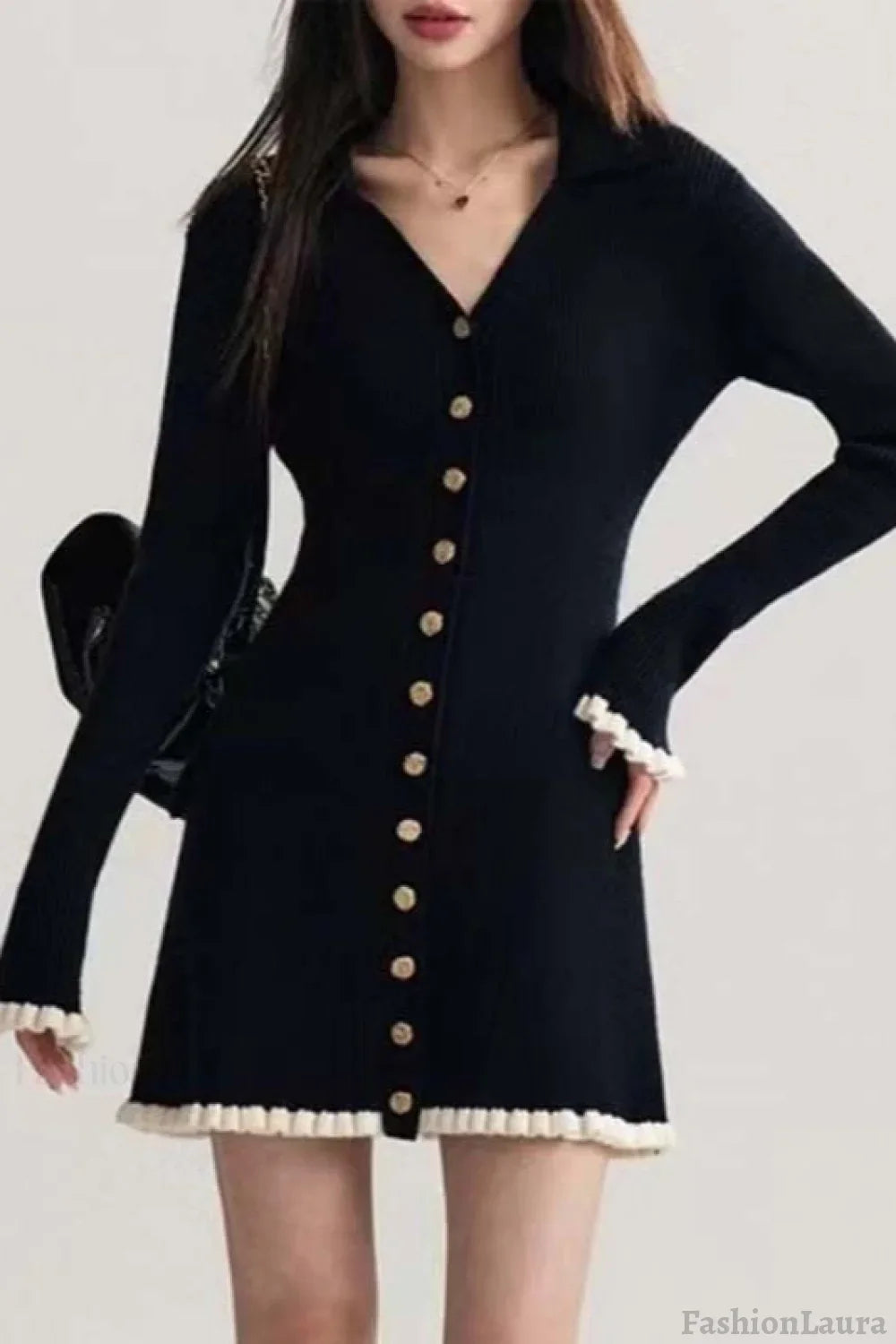 Black Contrast V-Neck Sweater Dress