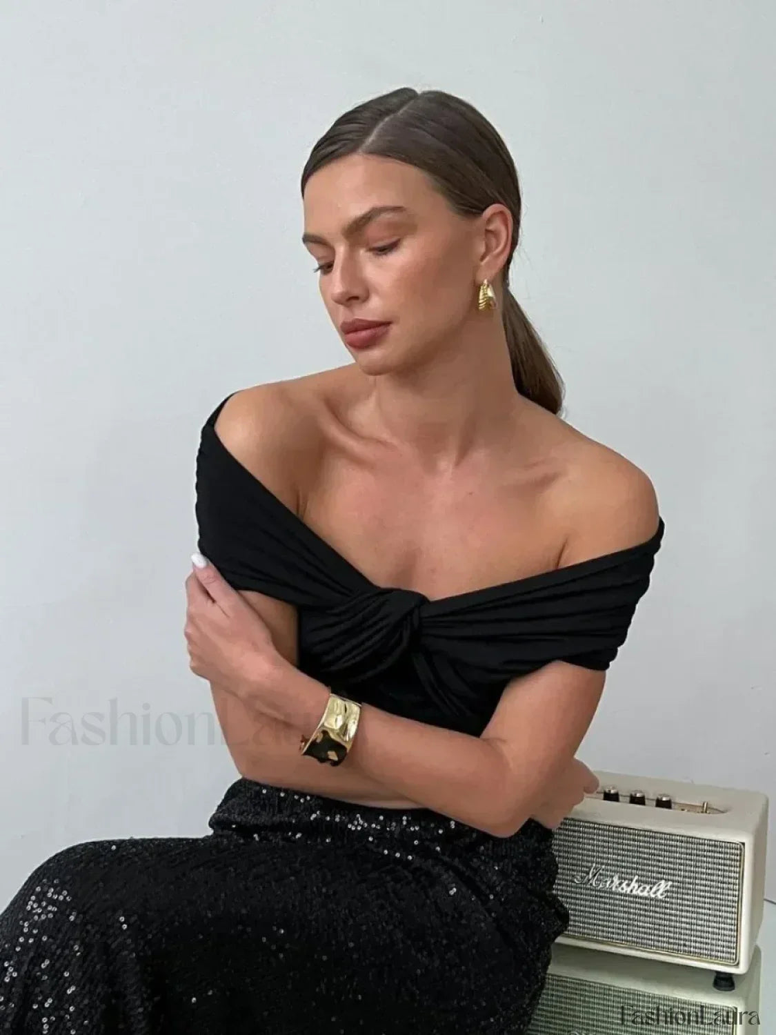 Black Crop Off-Shoulder T-Shirt