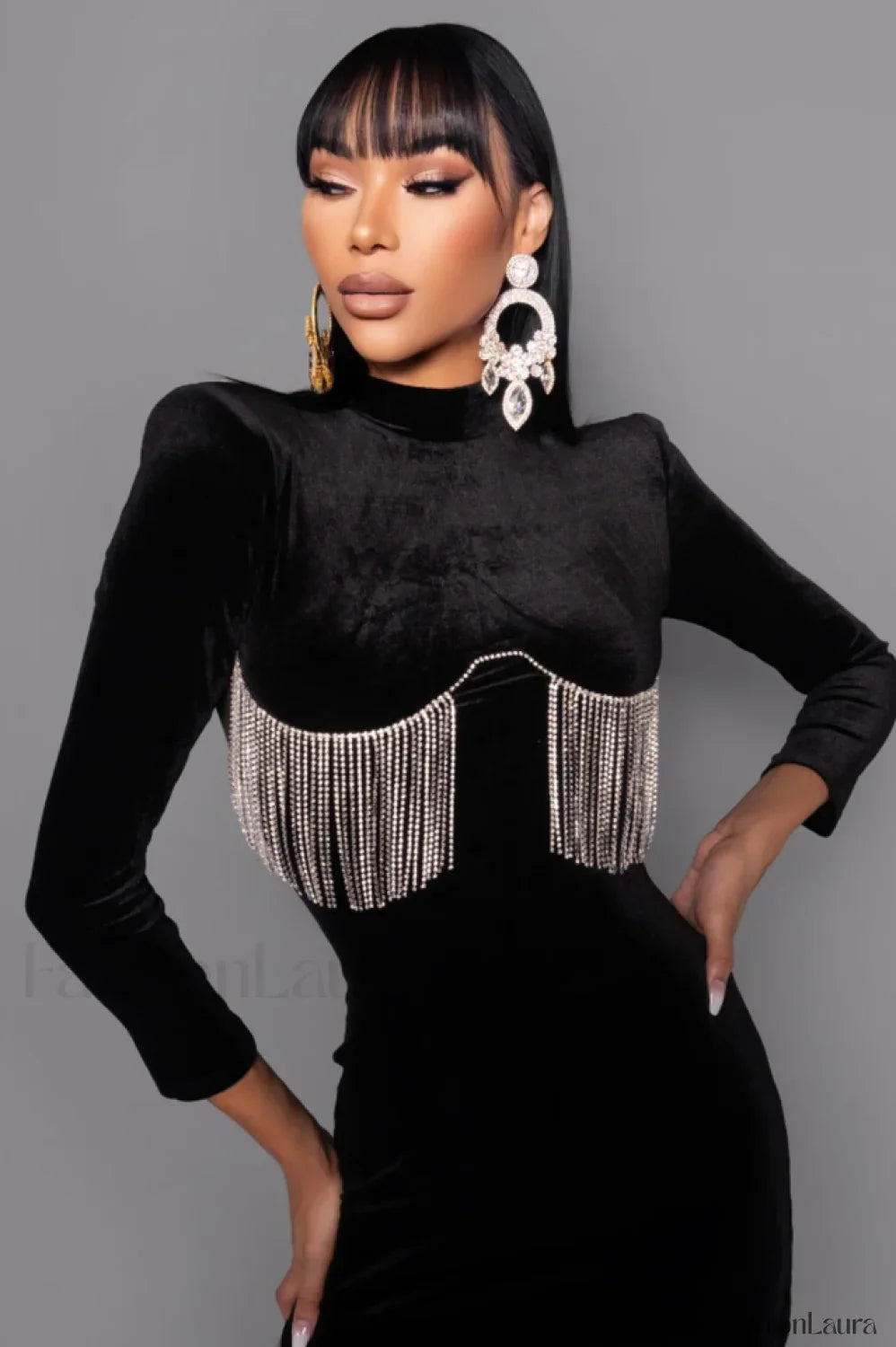 Black Crystal Fringe Charming Velvet Mini Dress