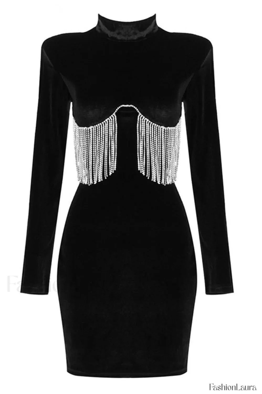 Black Crystal Fringe Charming Velvet Mini Dress