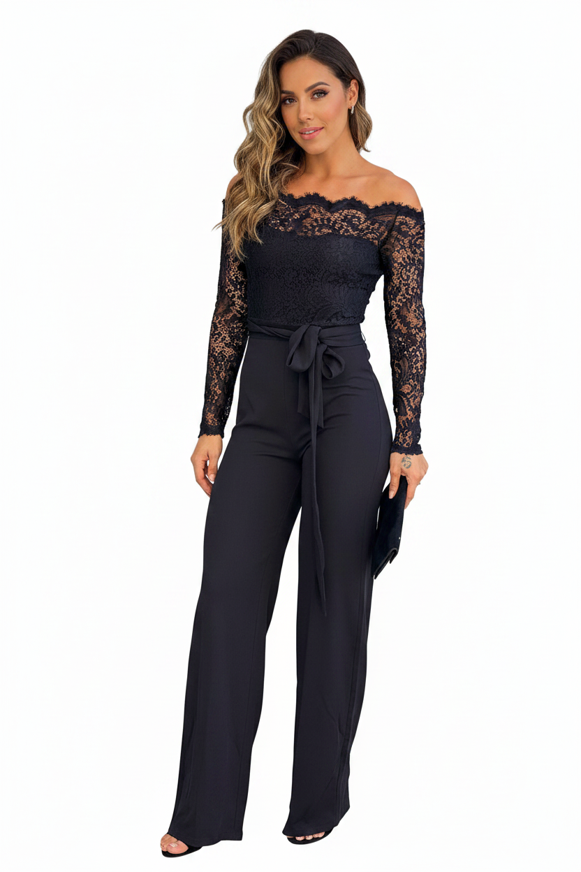 Elegant Black Slim Fit Jumpsuit with Belted Waist and Pockets