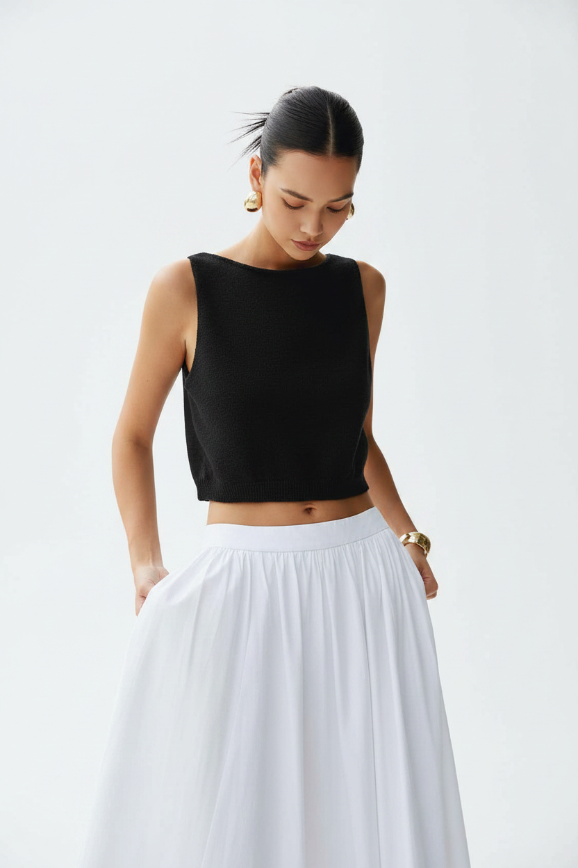 Stylish White Sleeveless Crop Top with Soft Fabric and Tailored Fit
