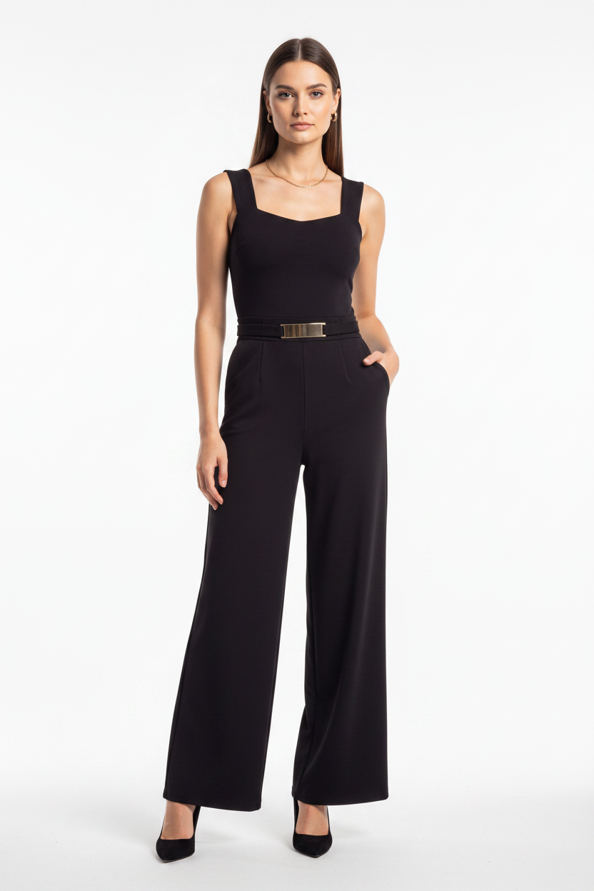 Women's Black Wide Leg Sleeveless Square Neck Jumpsuit with Pockets & Belt
