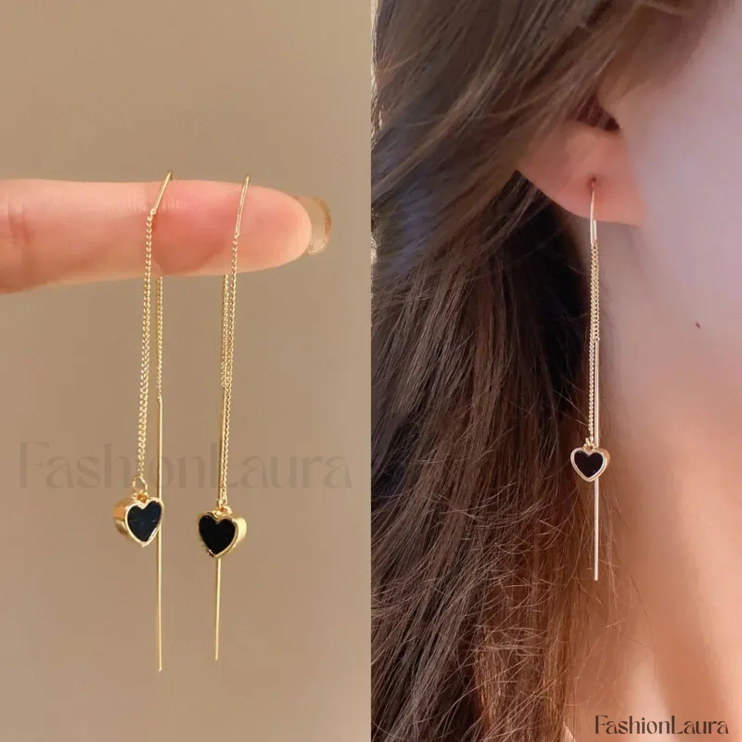 Black Heart Ear Line Long Hanging Gold Color Ear Wire Wholesale Earring