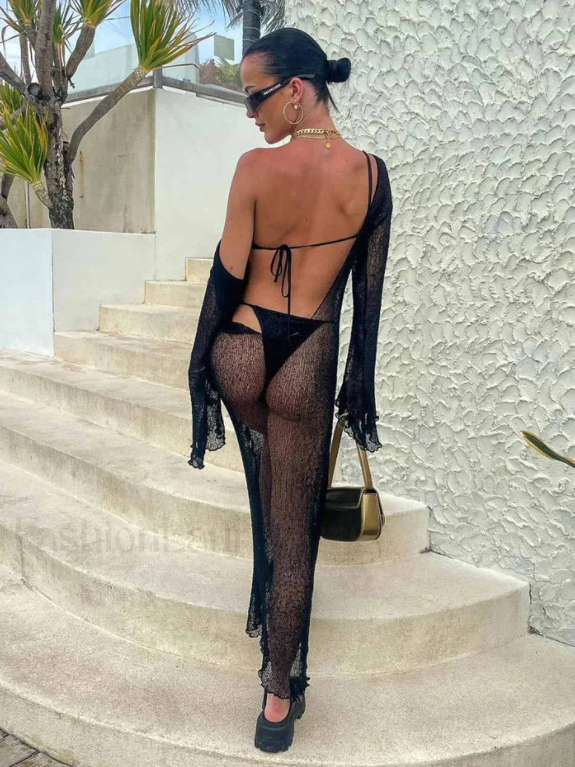 Black Knitted Sexy Backless Slim Long Sleeve Maxi Dress